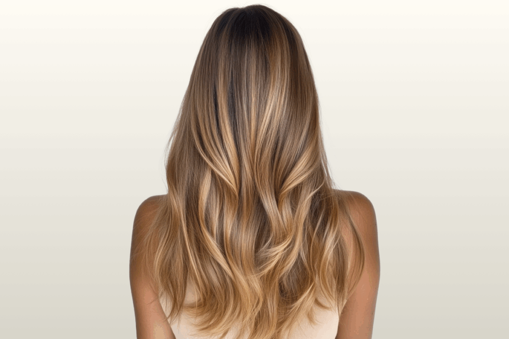 Coloration : Mèches et babylights caramel, doré, brun chaud / Highlights caramel, golden, luminous brown