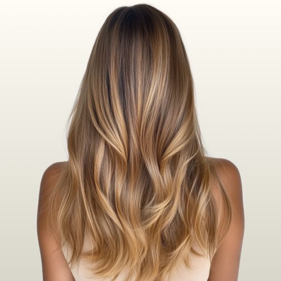 Coloration : Mèches et babylights caramel, doré, brun chaud / Highlights caramel, golden, luminous brown